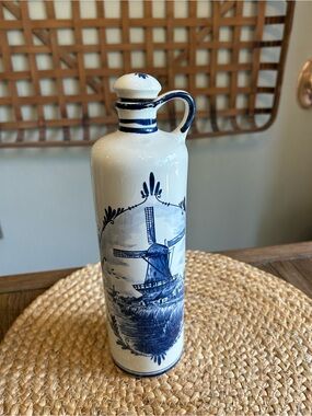 Vintage Blue & White Delft Decanter Wine Bottle with Cork Windmill Motif